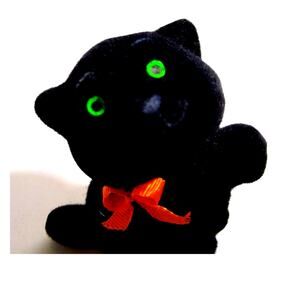 Vintage Halloween Black Cat Green Eyes Fuzzy Flocked Toy Hong Kong 1960's UNUSED